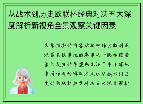 从战术到历史欧联杯经典对决五大深度解析新视角全景观察关键因素