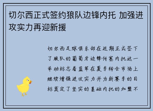 切尔西正式签约狼队边锋内托 加强进攻实力再迎新援 切尔西正式签约狼队边锋内托 加强进攻实力再迎新援