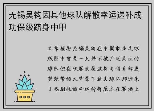 无锡吴钩因其他球队解散幸运递补成功保级跻身中甲