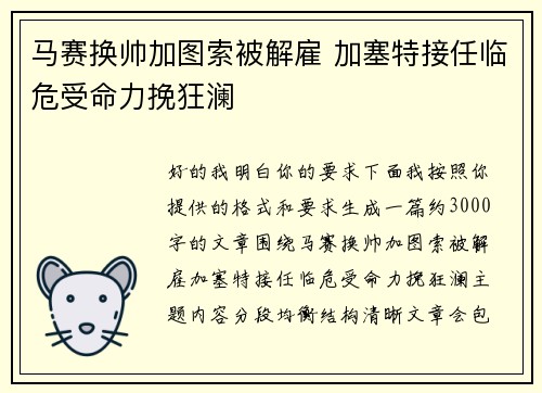马赛换帅加图索被解雇 加塞特接任临危受命力挽狂澜